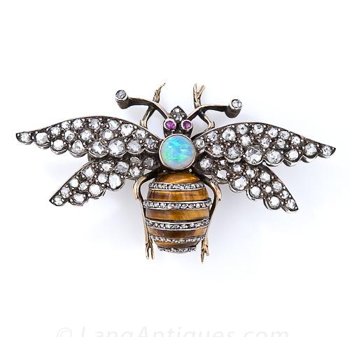 victorian diamond, tiger's eye, opal and ruby bee pin from lang antique jewelry