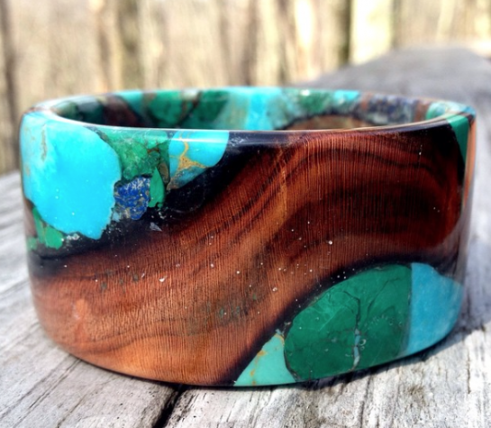 Cherry wood with turquoise, azurite and malachite