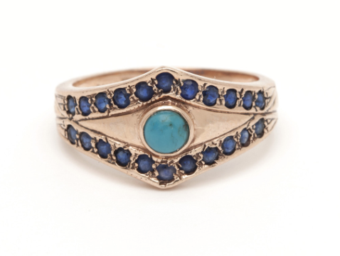 arik kastan tiara evil eye ring in turquoise and sapphires