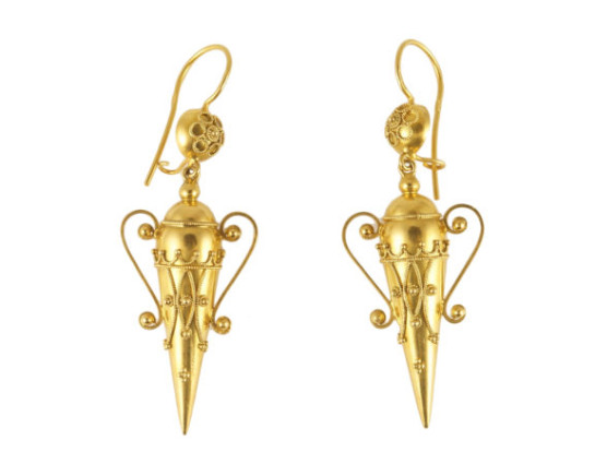 victorian etruscan revival amphora earrings via butterlane antiques