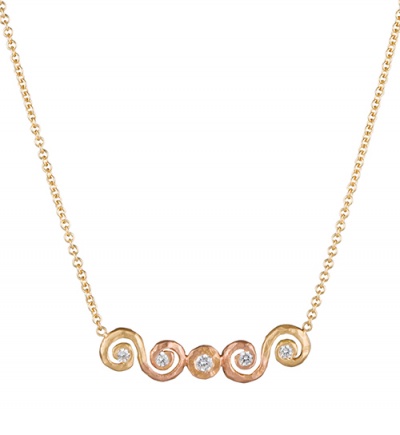 pamela froman pink and yellow gold scrolls bar necklace with diamonds