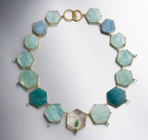 Hexagonal aquamarine and amazonite necklace with a center stone featuring a fragment of a blue-green tourmaline crystal in quartz